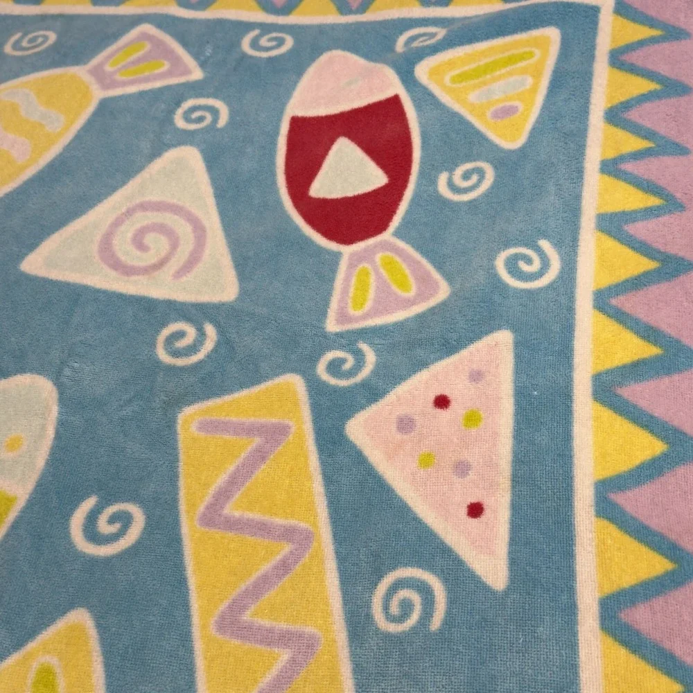 Vintage Terrisol Beach Towel Cotton Brazil 80's Pink Fish Geometric 2 Side 38x67